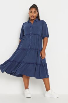 Yours Vestido Azul De Algodón Estilo Escalonado, Mujer Curvy Y Tallas Grandes, Yours