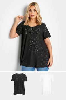 Yours Juego 2 Camisetas Con Bordados Calados: Blanca Y Negra, Mujer Curvy Y Tallas Grandes, Yours