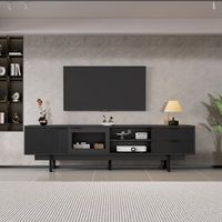 mueble tv moderno con 2 cajones y 2 puertas diseno sencillo mdf  cristal templado color negro 200x40x505 cm