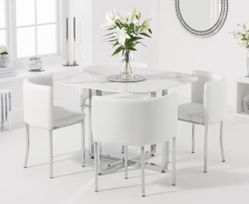 Algarve White Marble Stowaway Dining Table with White High Back Stools - Ivory, 4 Chairs
