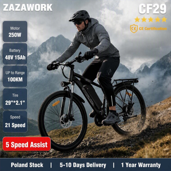 Bicicleta Eléctrica Todoterreno ZAZAWORK CF29 de 29 Pulgadas, Motor de 250 W, Batería de 48 V y 15 Ah, 21 Velocidades, Frenos de Disco Dobles, Alcance de hasta 100 km, Bicicleta Eléctrica para