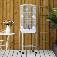 jaula para pajaros de pie marca pawhut con ruedas techo abatible 3 barras de paseo y estante inferior 465 x 36 x 157 cm color blanco
