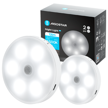 Aigostar 2 Piezas 6500K Luz Nocturna Magnética LED con Sensor de Movimiento, Luz Armario Adhesiva USB Recargable, 0.5W Luz Noche para Habitación, Pasillo, Cocina, Escaleras