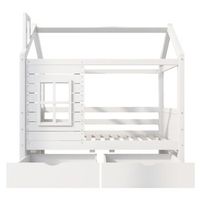 cama infantil casita blanca 80 x 160 cm de pino con ventana y 2 cajones