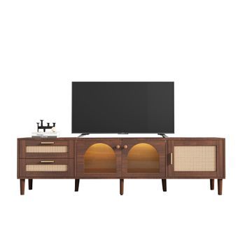 Mueble De Tv Led De 180 Cm - Con 2 Cajones De Ratán, 2 Puertas De Cristal Curvado Y 1 Puerta De Ratán - Marrón
