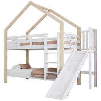 Litera Infantil Con Tobogán Y Barrera, Cama Casita De Madera Maciza, Blanco Y Natural