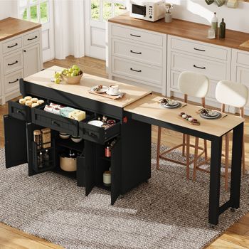 Isla De Cocina Extensible Con Ruedas, 137-190,6 Cm, Negra Y Madera Natural
