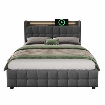 Cama Tapizada 140x200cm En Lino - Con Led Y Puertos De Carga Usb - 2 Cajones - Gris