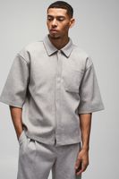 camisa oversize recta de tela melton gruesa con solapa oculta gris
