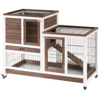 pawhut conejera de madera con ruedas para interior jaula de 2 pisos con rampa y 2 bandejas extraibles 110x50x86cm marron   aosom espana