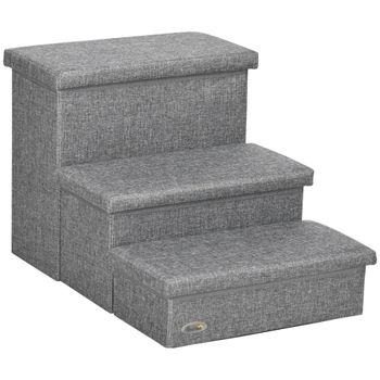 PawHut Escalera para Mascotas de 3 Peldaños con Espacio de Almacenamiento para Perros y Gatos 63,5x42,5x40,5 cm Gris   Aosom España
