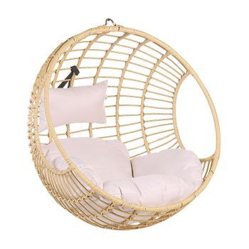 Silla Colgante De Ratán Cesta Redonda Color Natural Con Cojines Sin Marco De Metal Estilo Boho Aspio