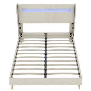 Cama Tapizada 160x200 - Cabecero Acolchado Con Led, Base Baja Sin Almacenaje - Beige