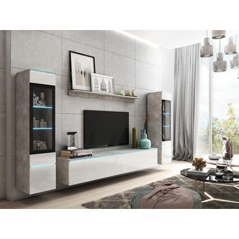Conjunto De Muebles De Salón Vera Ii, Juego De Muebles De Salón, Mueble De Televisión, Sin Iluminación Led, Color Hormigón/blanco Brillo
