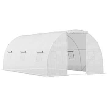 Outsunny Invernadero túnel de jardín 13,5 m² 6 ventanas, puerta enrollable con cremallera bastidor acero galvanizado, lona PE 4,5 x 3 x 2 m blanco   Aosom España