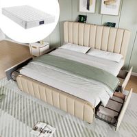 cama tapizada doble cabecera acolchada ribetes dorados usb-c 4 cajones 160x200 lino beige con colchon