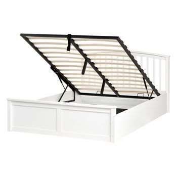 Cama Con Almacenaje De Madera De Pino Con Marco Elevable 140 X 200 Cm Blanco Clarbec