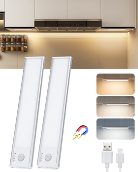 Aigostar luz led armario con sensor de movimiento y batería recargable, led cocina bajo mueble 1100mAh, brillo y color ajustables, con cable USB C, luz led adhesiva y magnética 20.4cm, 2pcs