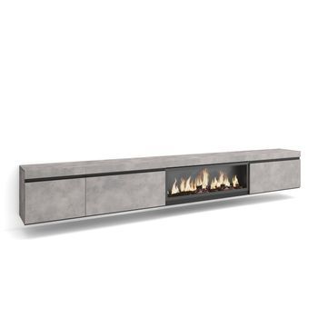Mueble Tv, Televisión, Muebles De Salón, Almacenaje, 317x45x35 Cm, Chimenea Eléctrica Xxl, Colgado, Suspendido, Estilo Moderno, Cemento