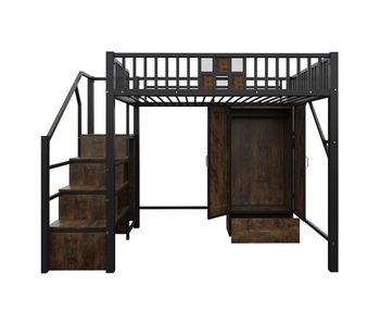 Cama alta metálica 140x200 - diseño con barandilla, armario, cajones y escalera de almacenamiento - negro