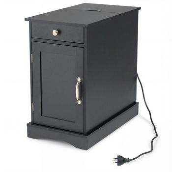Costway Mesita de Noche con Estación de Carga Mueble de Madera con Cajón Armario y Estante Ajustable para Dormitorio Salón y Sofá Negro