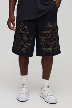 Regular Fit Carpenter Contrast Stitch Denim Jorts, Negro