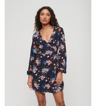 Superdry para mujer. W8011530A Minivestido cruzado con estampado marino (M), Casual, Viscosa, Manga larga