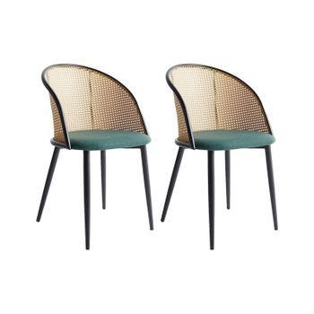 Conjunto De 2 Sillas Retro Asiento De Tela Estructura Metálica Efecto Madera Clara Respaldo De Trenza Vienesa Verde Cornell