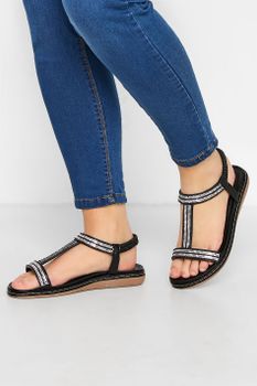 Sandalias Negras Strass En Ancho Especial