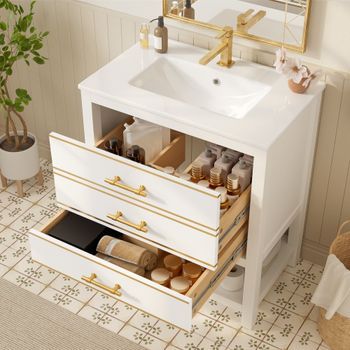 Mueble De Lavabo - Mueble De Baño - Mdf Y Cerámica - Blanco Y Dorado (76x46.5x86cm)