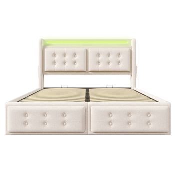 Cama Con Almacenaje De Tela De Lino De 140x200 Cm - Con Led Y Puertos De Carga - Beige