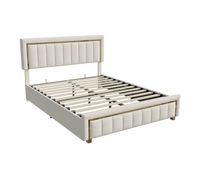 cama de terciopelo con canape 160x200cm - cama de matrimonio funcional con canape - somier de laminas y cajon hidraulico - beige