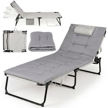 Costway Tumbona Plegable con Respaldo Ajustable 4 Posiciones Cojín Desmontable Marco Metal Bolsillo Almacenaje Carga 120kg para Camping Playa Gris