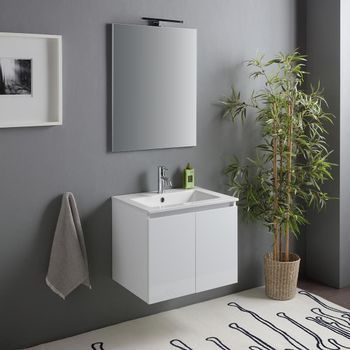 Mueble De Baño Suspendido De 60cm Blanco Brillante Con Lavabo De Cerámica Y Espejo | Benaco | Mueble Ya Ensamblado