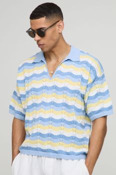 Polo Oversize Recto De Punto Con Raya Efecto Croché, Azul