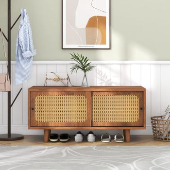 Mueble zapatero de ratán con 2 puertas y estante, 104 x 40 x 48 cm