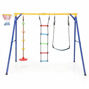Costway Juego de Columpio 4 en 1 con Baloncesto Escalera Disco Cuerda y Asiento Estructura Metal para 3-10 Años Carga 300kg Interior Exterior Verde