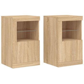 2 Uds Mueble De Almacenaje | Mesitas De Noche Luces Led Madera Ingeniería Roble Sonoma