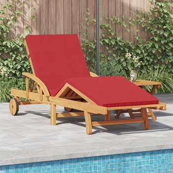 Tumbona Plegable  Con Ruedas Y Cojín Rojo De Madera De Teca V6381 Unico / Rojo