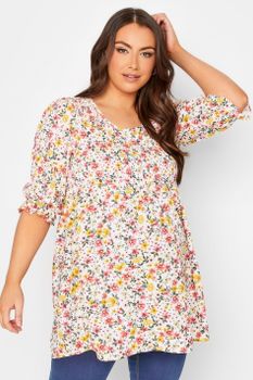 Bump It Up Maternity Blusa Blanca Floral Busto Fruncido, Mujer Curvy Y Tallas Grandes, Bump It Up