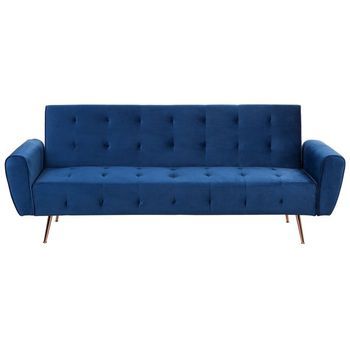 Sofá Cama Moderno De Terciopelo Convertible Con Capitoné Bolsillo Lateral Patas De Metal Cobre Azul Selnes