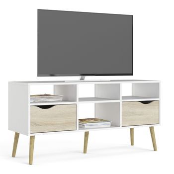 Mueble De Tv Para Salón Tajo , Con Estantes Y 2 Cajones ,color Blanco Y Roble Patinado ,…
