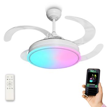 LED ATOMANT Ventilador de Techo con Altavoz y 4 Aspas Retractiles 60W, LED 25W+Motor 30W, Ø109cm, CCT/RGB, 4100LM, Mando y App, Silencioso y Eficiente, 6 Velocidades, Modo Verano/Invierno,