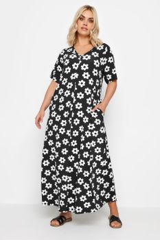 Yours Vestido Largo Negro De Margaritas Blancas, Mujer Curvy Y Tallas Grandes, Yours