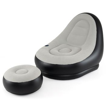 Costway Sofá Hinchable con Otomana Portátil Superficie Flocada Portavasos Integrado para Exterior Interior Camping Sin Bomba Gris+Negro