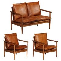 set de sofas 3 pzas cuero autentico madera maciza acacia marron vidaxl