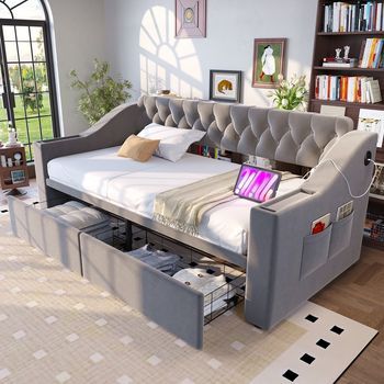 Cama Sofá Tapizada Con Amplio Reposabrazos, Almacenamiento Integrado (bolsillo Y Cajón), Puerto Usb, 90x190 Cm, Terciopelo Gris Claro