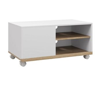 Homcom mueble de tv con ruedas, mesa de tv móvil, mueble para televisión hasta 32 pulgadas, con 1 puerta, 2 compartimentos abiertos, estante ajustable, para salón, comedor, dormitorio, blanco
