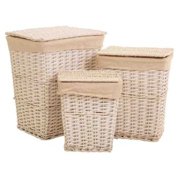 Set de 3 cestos de ropa de mimbre blanco forrado
