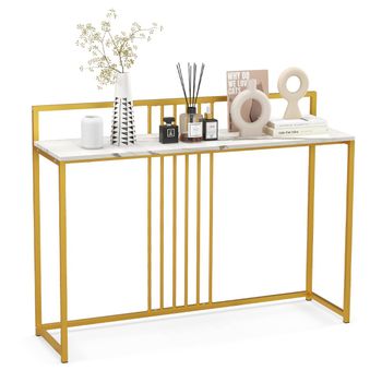 Costway Mesa de Entrada con Superficie de Mármol Artificial Estructura de Metal Dorado 120 x 32 x 89 cm